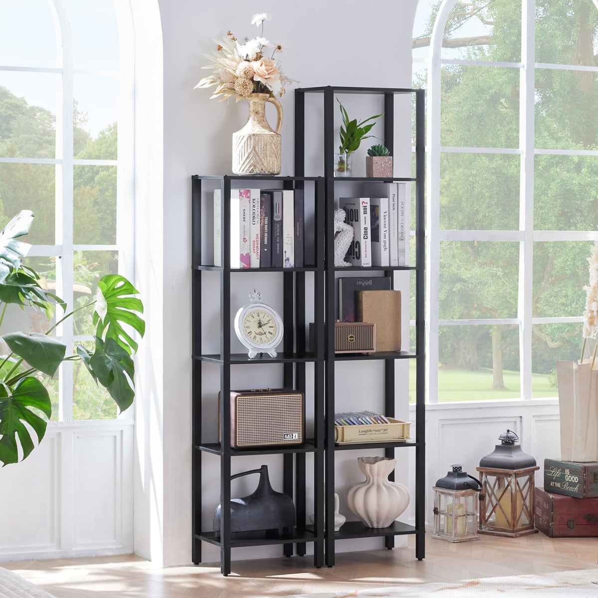 6 Tier Tall Skinny Black Bookshelf B16886