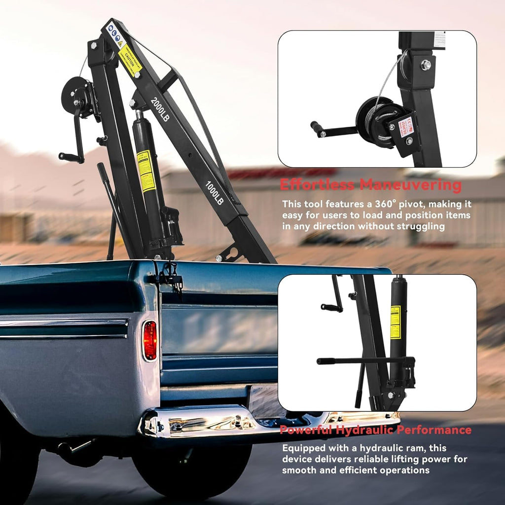 Hydraulic Pickup Truck Crane with Hand Winch, 2000 lb Capacity, 360° Rotation, Black U393391