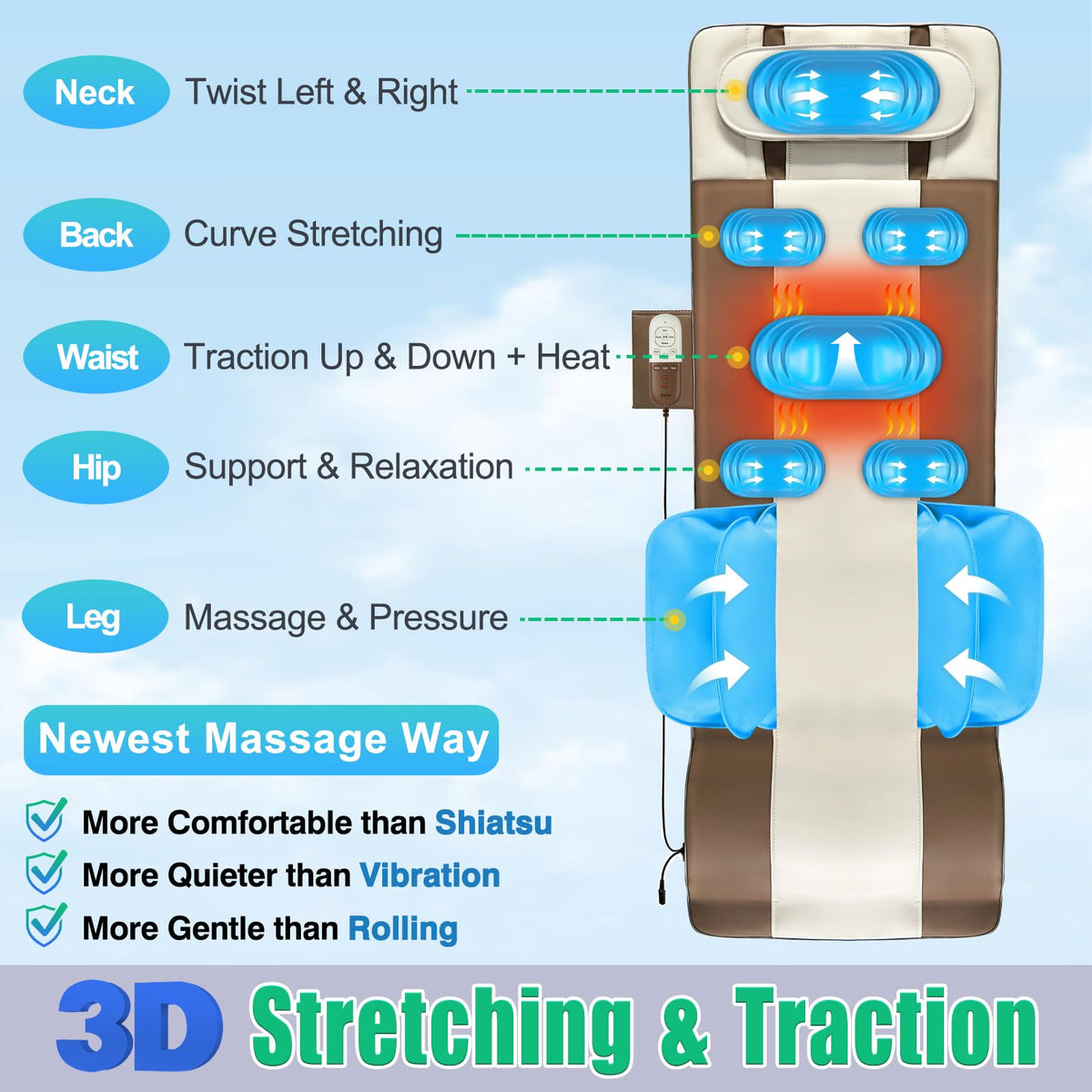 Full Body Massage Mat with Airbags Stretching & Heating, 3D Lumbar Traction, 4 Modes 3 Intensities 3 Heat Levels, PU Leather, Portable & Foldable R7863
