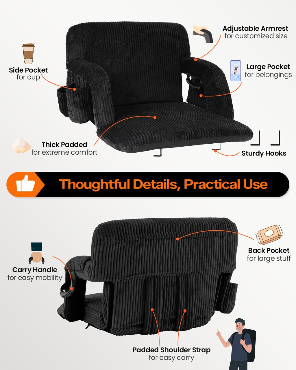 24'' Extra Wide Padded Corduroy Stadium Seats with Back Support, 2 Packs Z482601