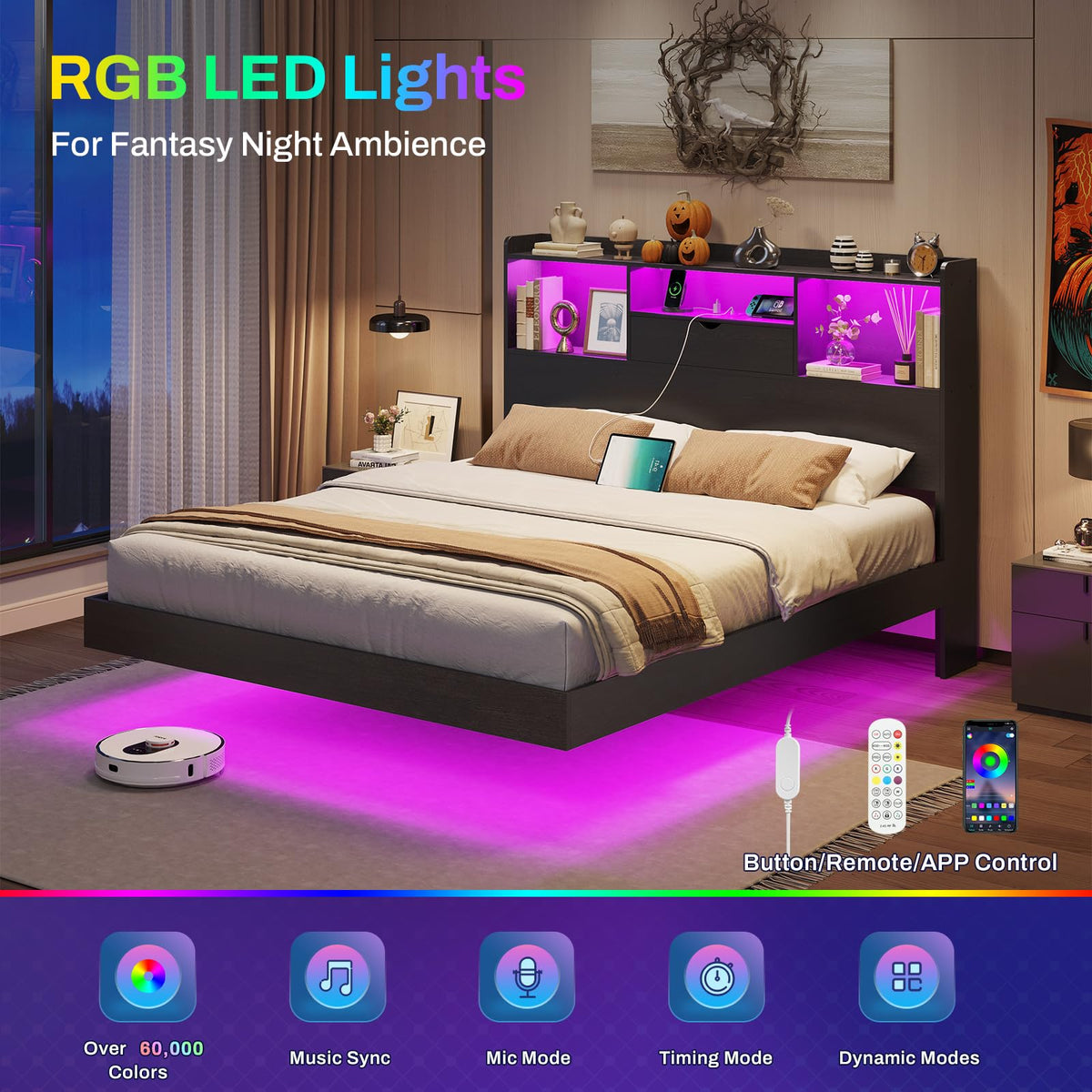 Queen Size Metal Platform Bed Frame with LED Lights and Storage Headboard H707