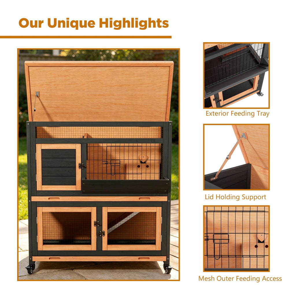 2-Story Wooden Rabbit Hutch Guinea Pig Cage with Wheels M82977