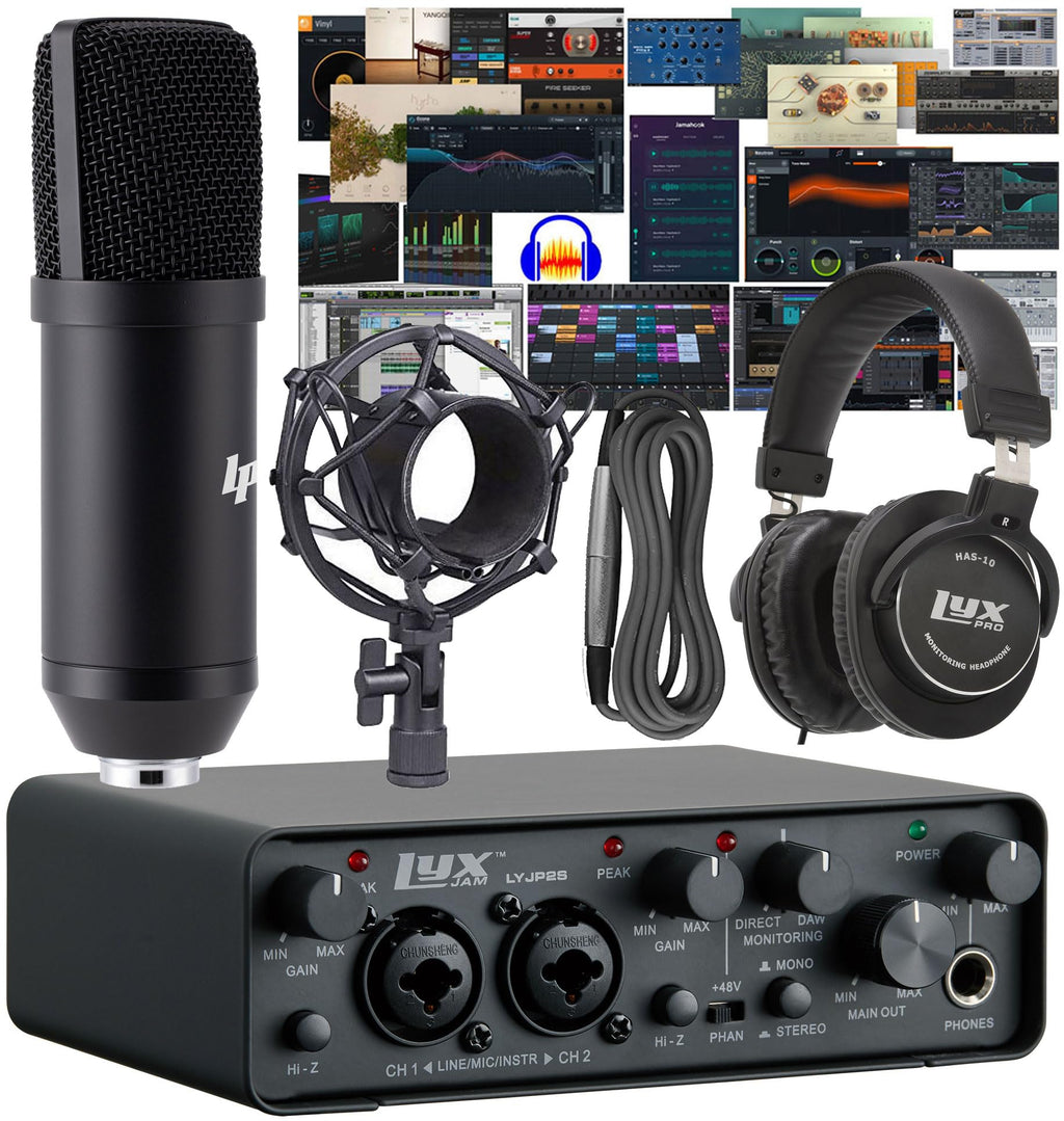 2x2 USB Audio Interface Recording Bundle with Condenser Mic, Headphones, Shockmount, XLR Cable Y788161