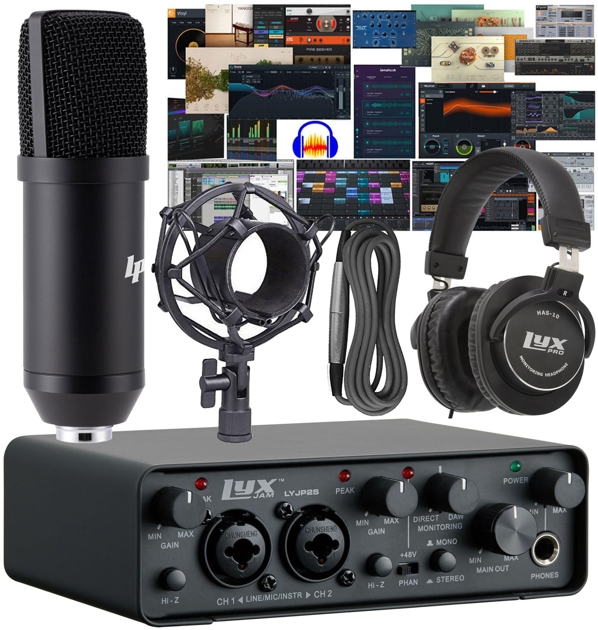 2x2 USB Audio Interface Recording Bundle with Condenser Mic, Headphones, Shockmount, XLR Cable Y788161