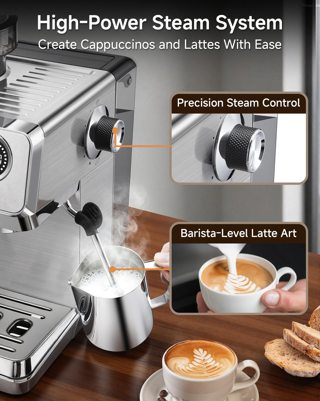 Espresso Machine with Grinder, 20 Bar, Milk Frother Y1442