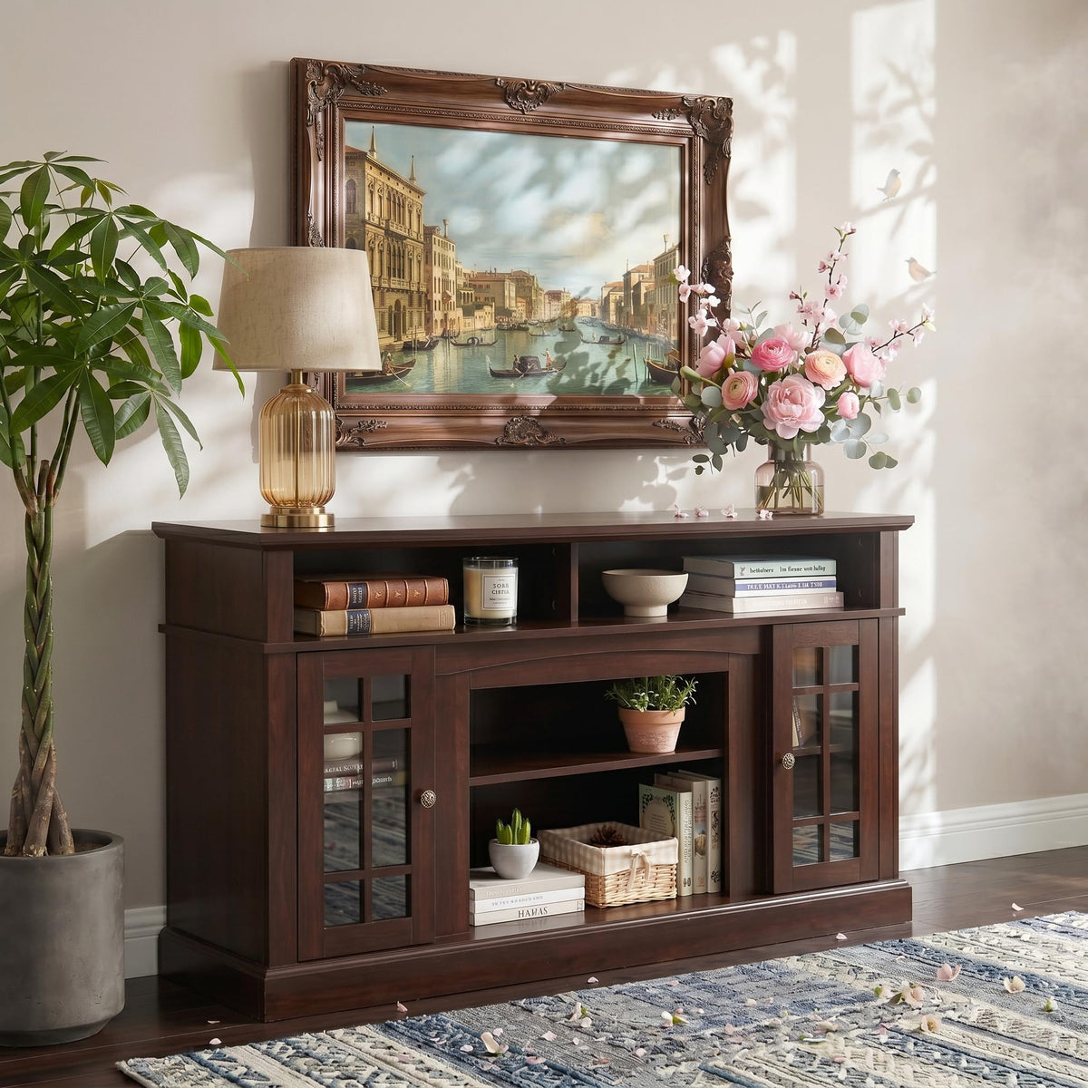 Espresso TV Stand with Glass Door and Open Shelves M3892