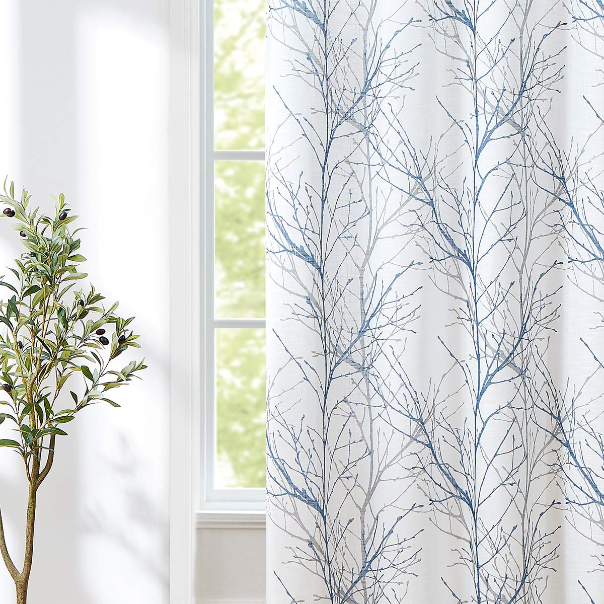Linen Blue White Semi Sheer Curtains 84 Inch 1 Panel Z788