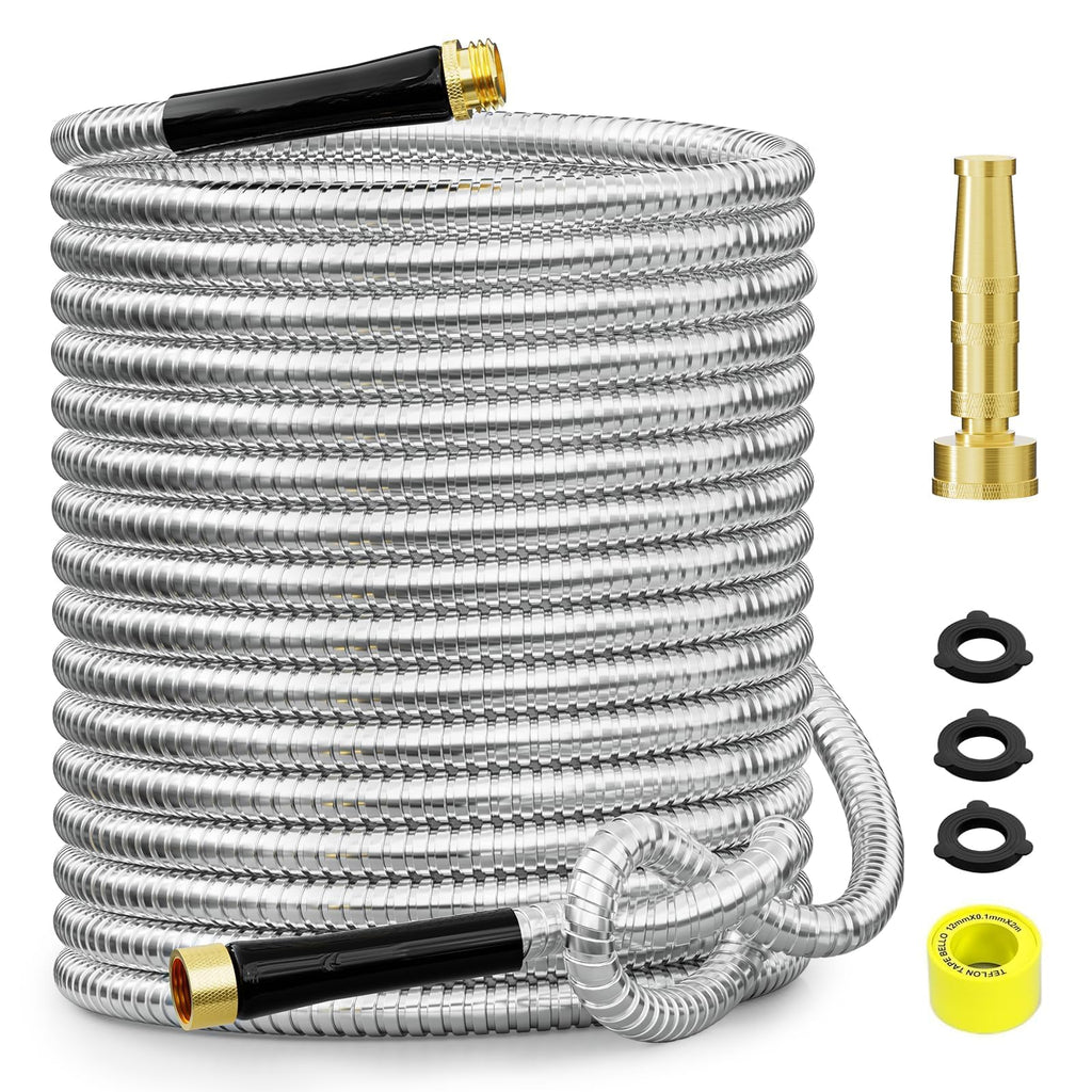 100ft 304 Stainless Steel Metal Garden Hose with Rubber Grip J4988