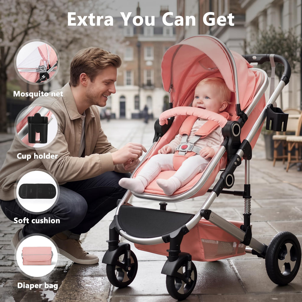 2 in 1 Convertible Baby Stroller, Diaper Bag, Pink O271980