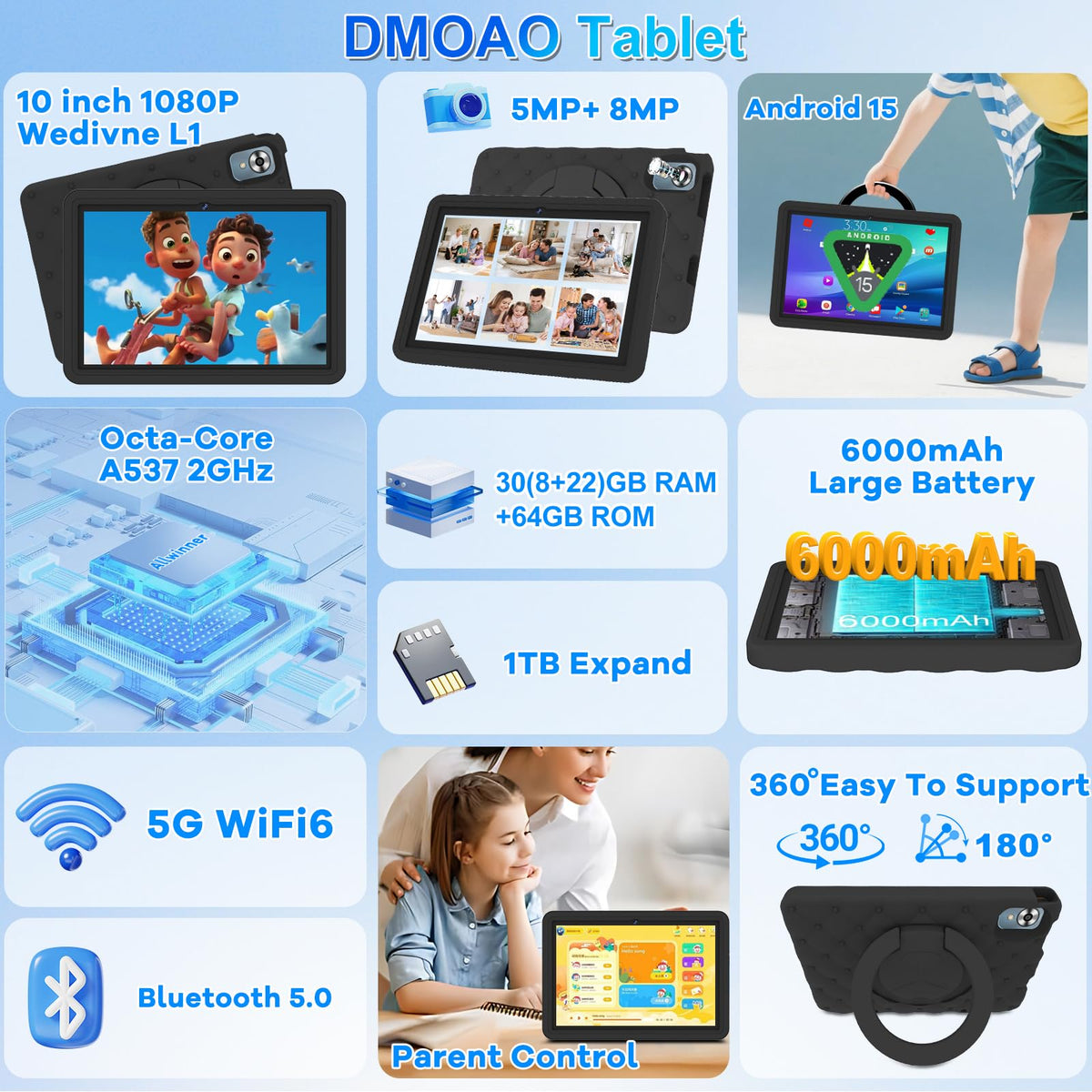 10.1 Inch Kids Tablet 64GB ROM Octa-Core Anti-Blue Light Screen Black M69754