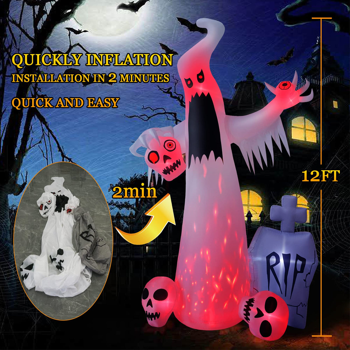 12 FT Halloween Inflatables Ghost with 3 Skulls T3289