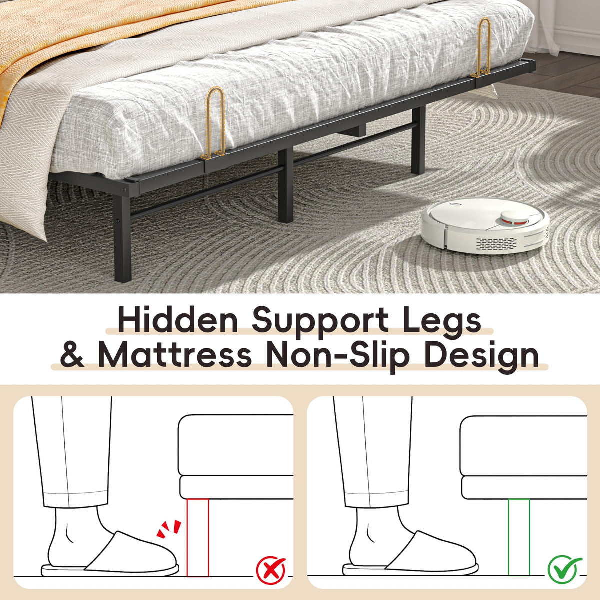 Queen Size Metal Platform Bed with Storage Bookcase Headboard D994