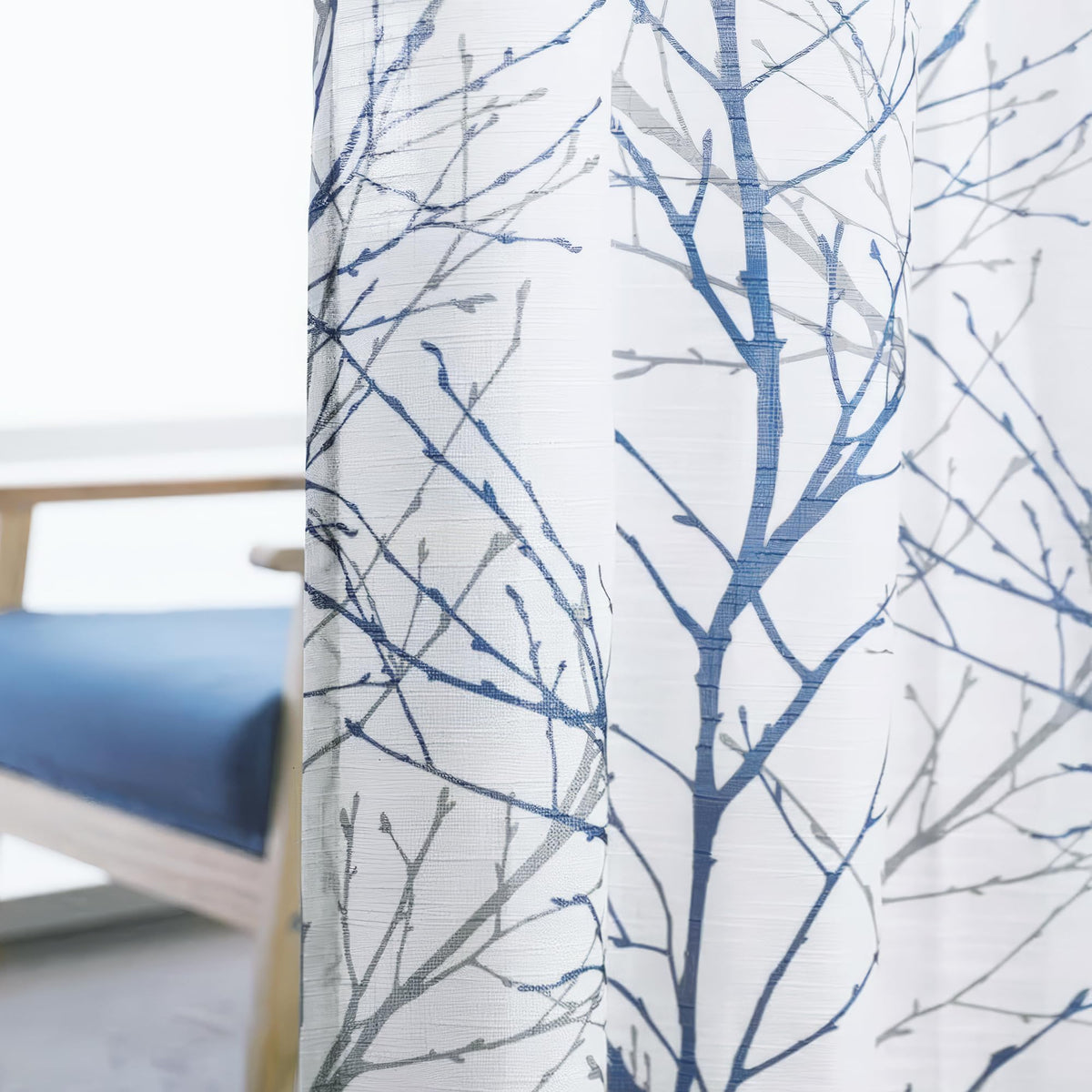 Linen Blue White Semi Sheer Curtains 84 Inch 1 Panel Z788