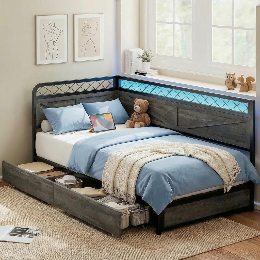 Twin Corner Bed Frame with Storage Drawers P7920