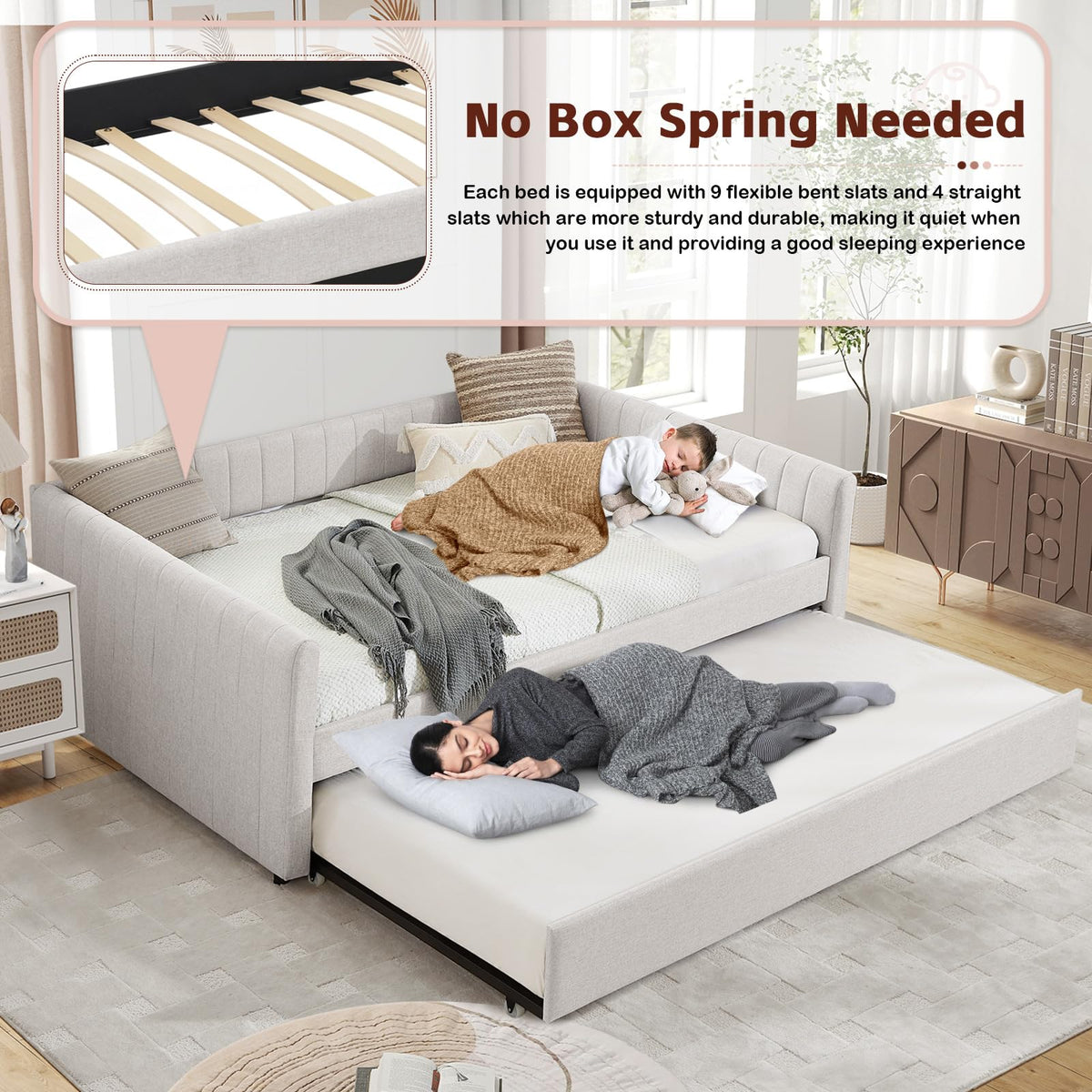 Linen Fabric Upholstered Full Size Daybed with Twin Trundle A9842
