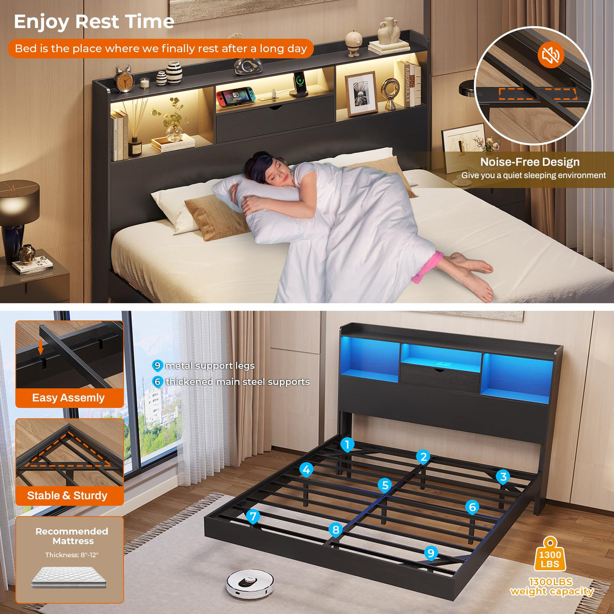 Queen Size Metal Platform Bed Frame with LED Lights and Storage Headboard H707