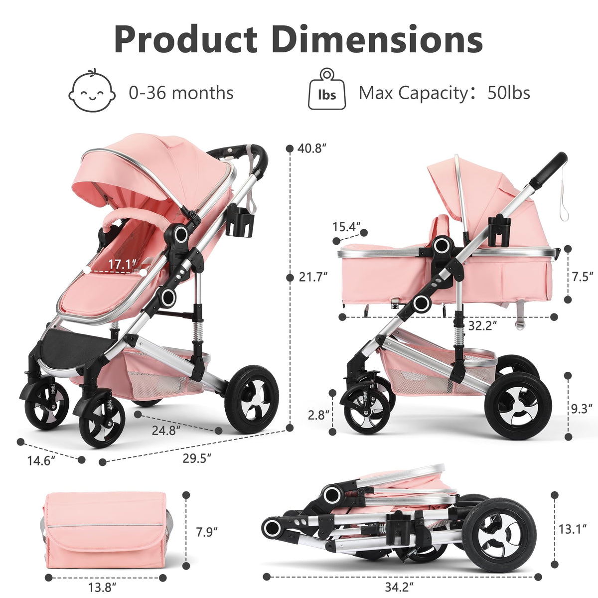 2 in 1 Convertible Baby Stroller, Diaper Bag, Pink O271980