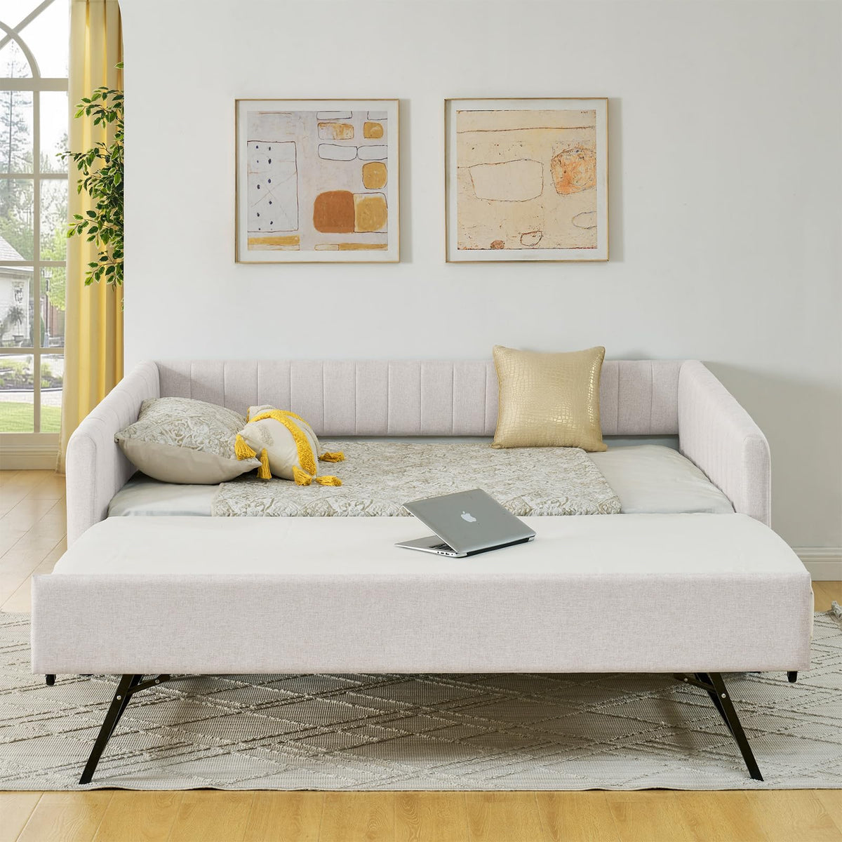 Linen Fabric Upholstered Full Size Daybed with Twin Trundle A9842
