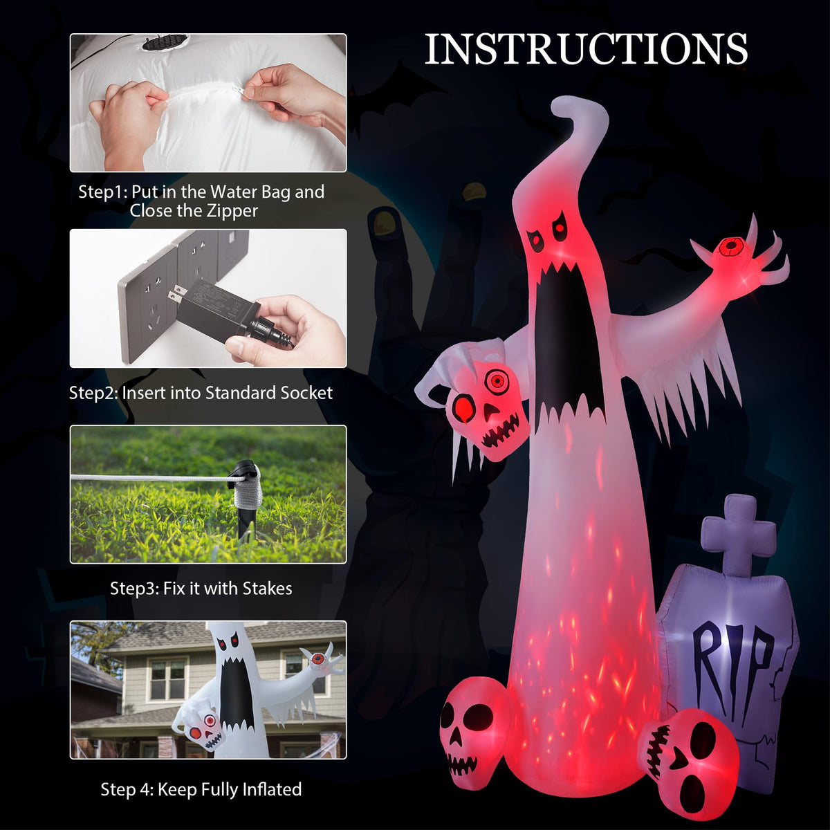 12 FT Halloween Inflatables Ghost with 3 Skulls T3289