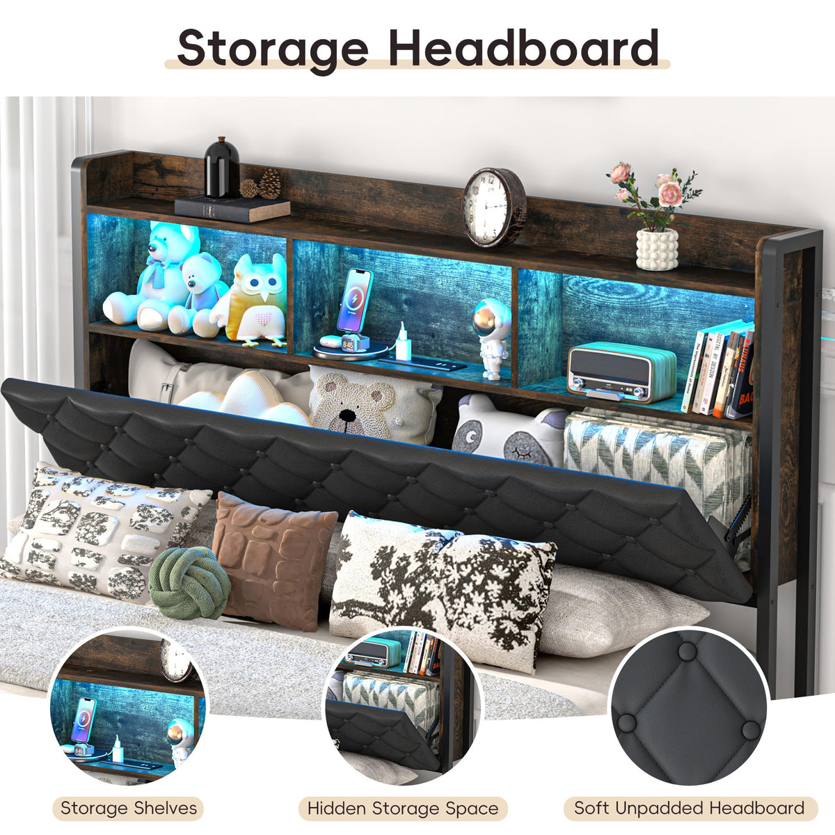 Queen Size Metal Platform Bed with Storage Bookcase Headboard D994