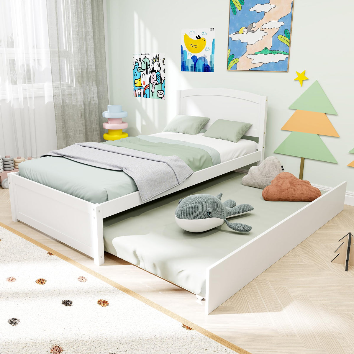 White Twin Trundle Bed with Headboard F70864