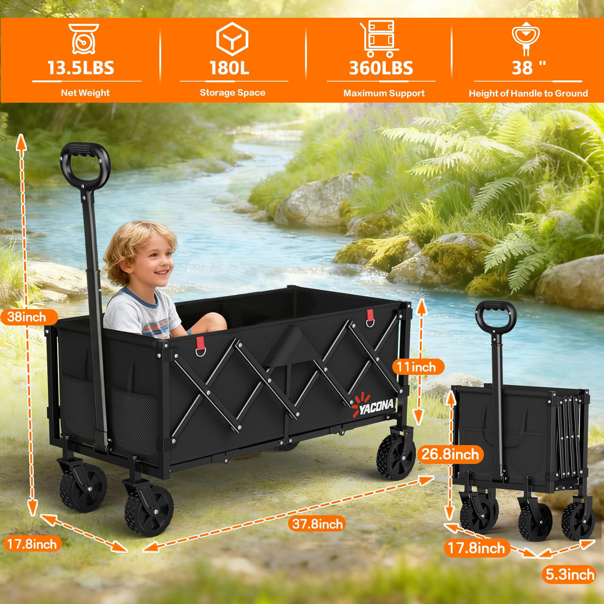 35" Extra Long Foldable Wagon Cart with Wheels N82764
