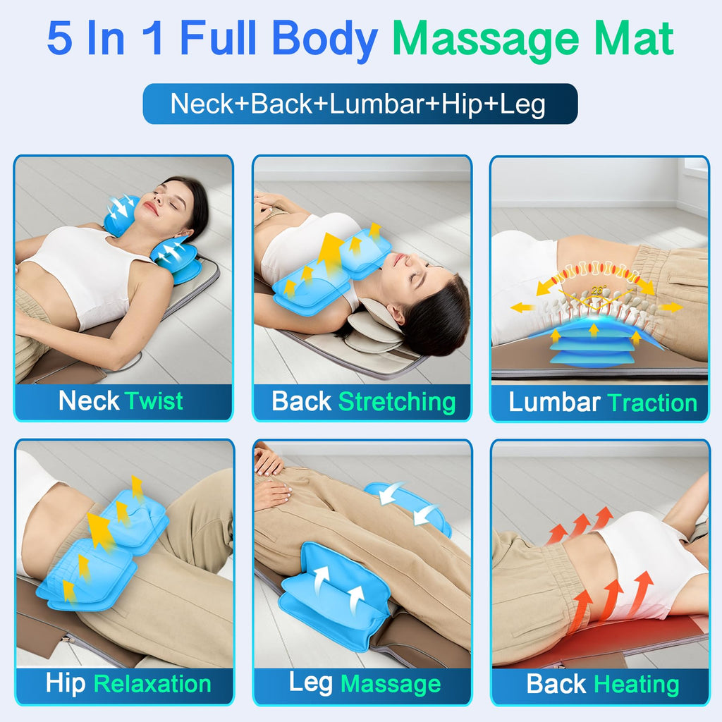 Full Body Massage Mat with Airbags Stretching & Heating, 3D Lumbar Traction, 4 Modes 3 Intensities 3 Heat Levels, PU Leather, Portable & Foldable R7863