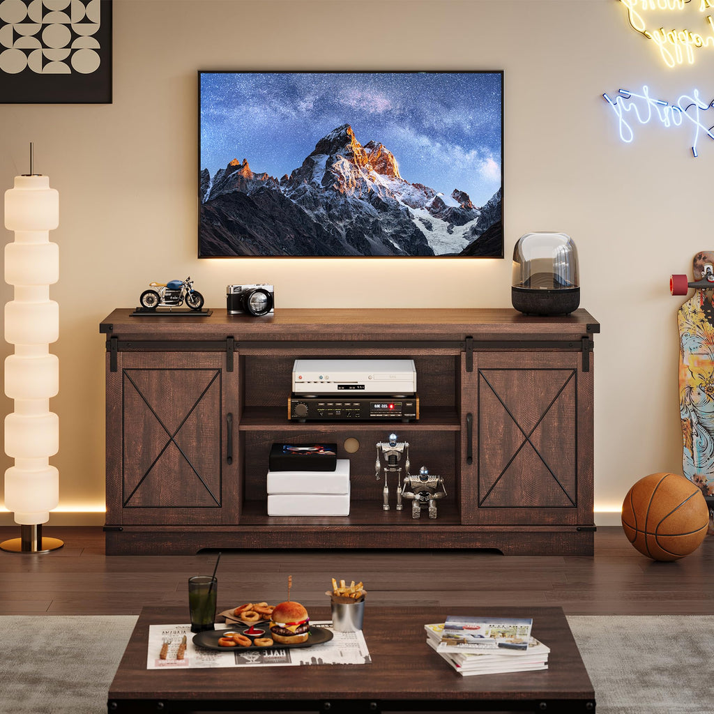 Brown Farmhouse TV Stand with Sliding Barn Doors and Storage Cabinets E29026