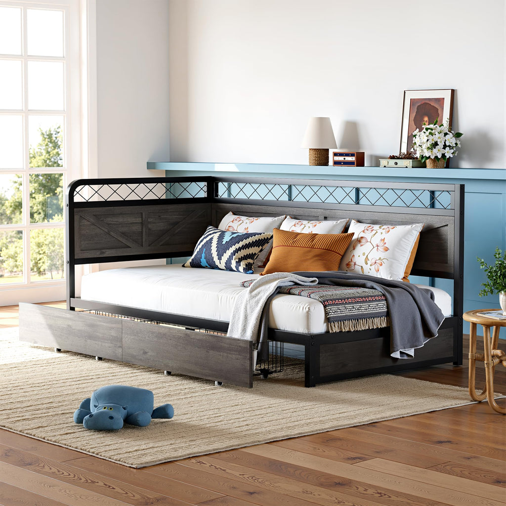 Twin Corner Bed Frame with Storage Drawers P7920