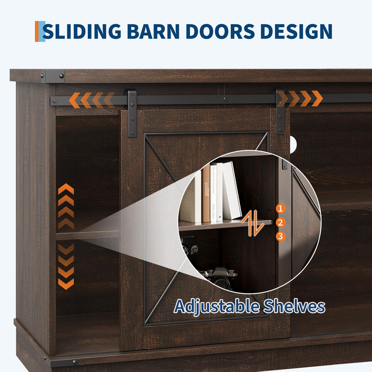 Brown Farmhouse TV Stand with Sliding Barn Doors and Storage Cabinets E29026
