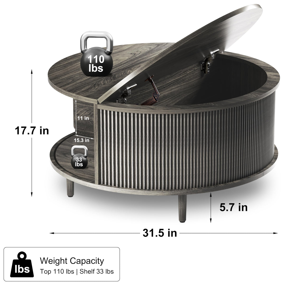 Round Coffee Table, 31.5" Lift-Top with Storage, Grey B117