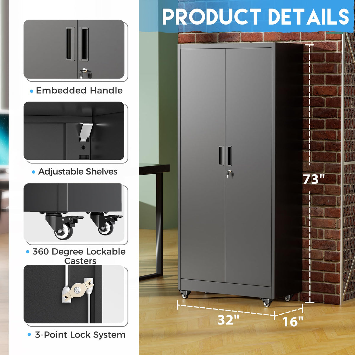 Black Metal Storage Cabinet with 4 Swivel Wheels A245