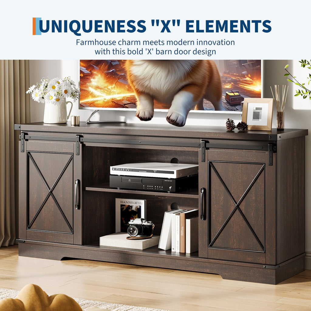 Brown Farmhouse TV Stand with Sliding Barn Doors and Storage Cabinets E29026