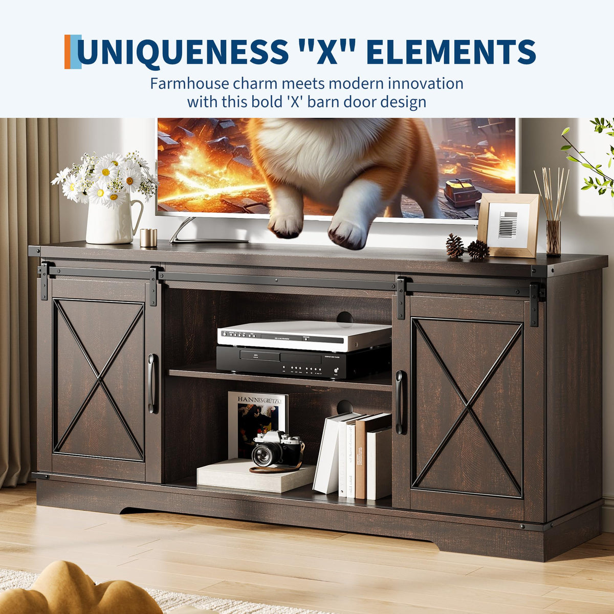 Brown Farmhouse TV Stand with Sliding Barn Doors and Storage Cabinets E29026