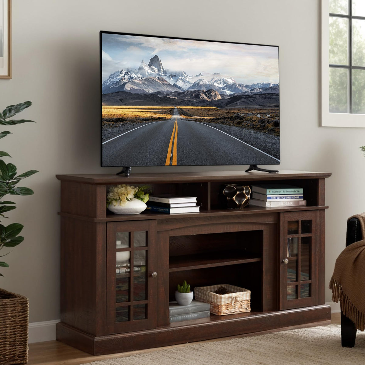Espresso TV Stand with Glass Door and Open Shelves M3892
