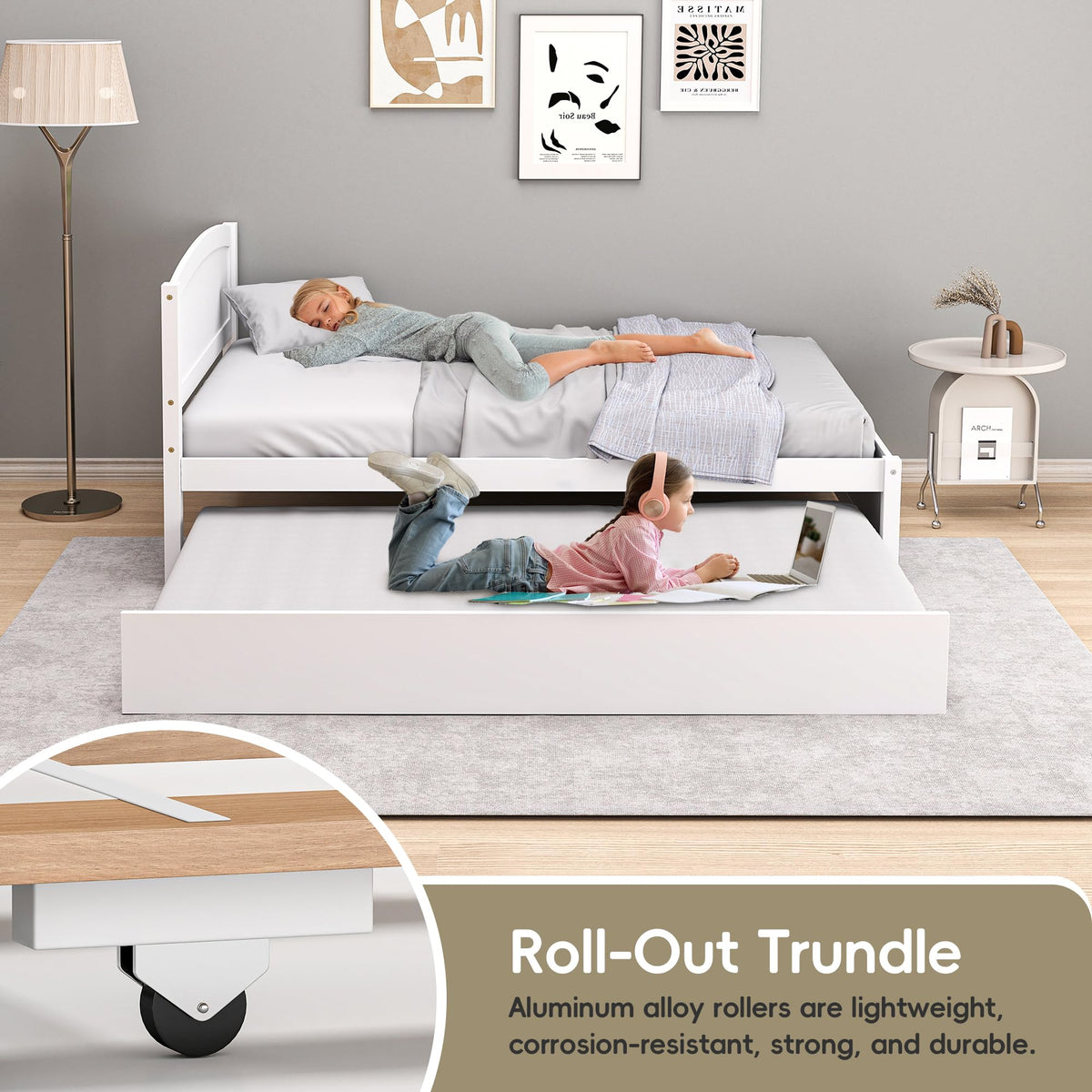 White Twin Trundle Bed with Headboard F70864