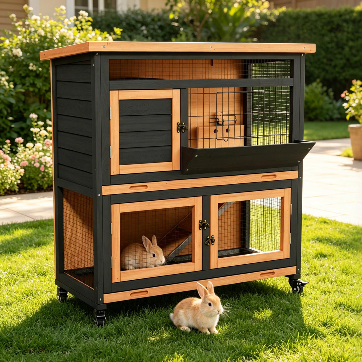 2-Story Wooden Rabbit Hutch Guinea Pig Cage with Wheels M82977