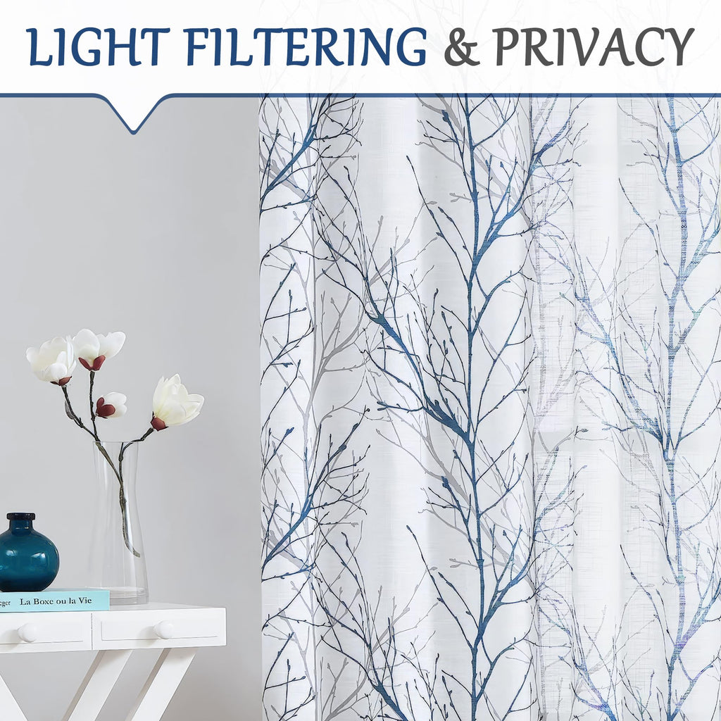 Linen Blue White Semi Sheer Curtains 84 Inch 1 Panel Z788
