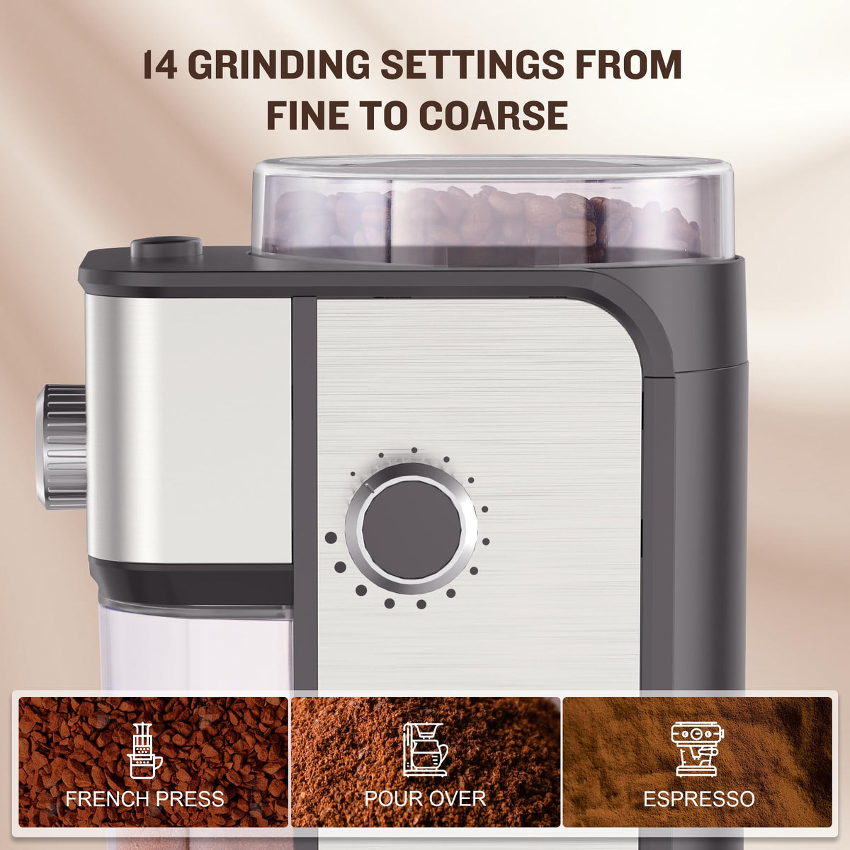 Adjustable Electric Burr Coffee Grinder with 14 Grinding Settings D19781