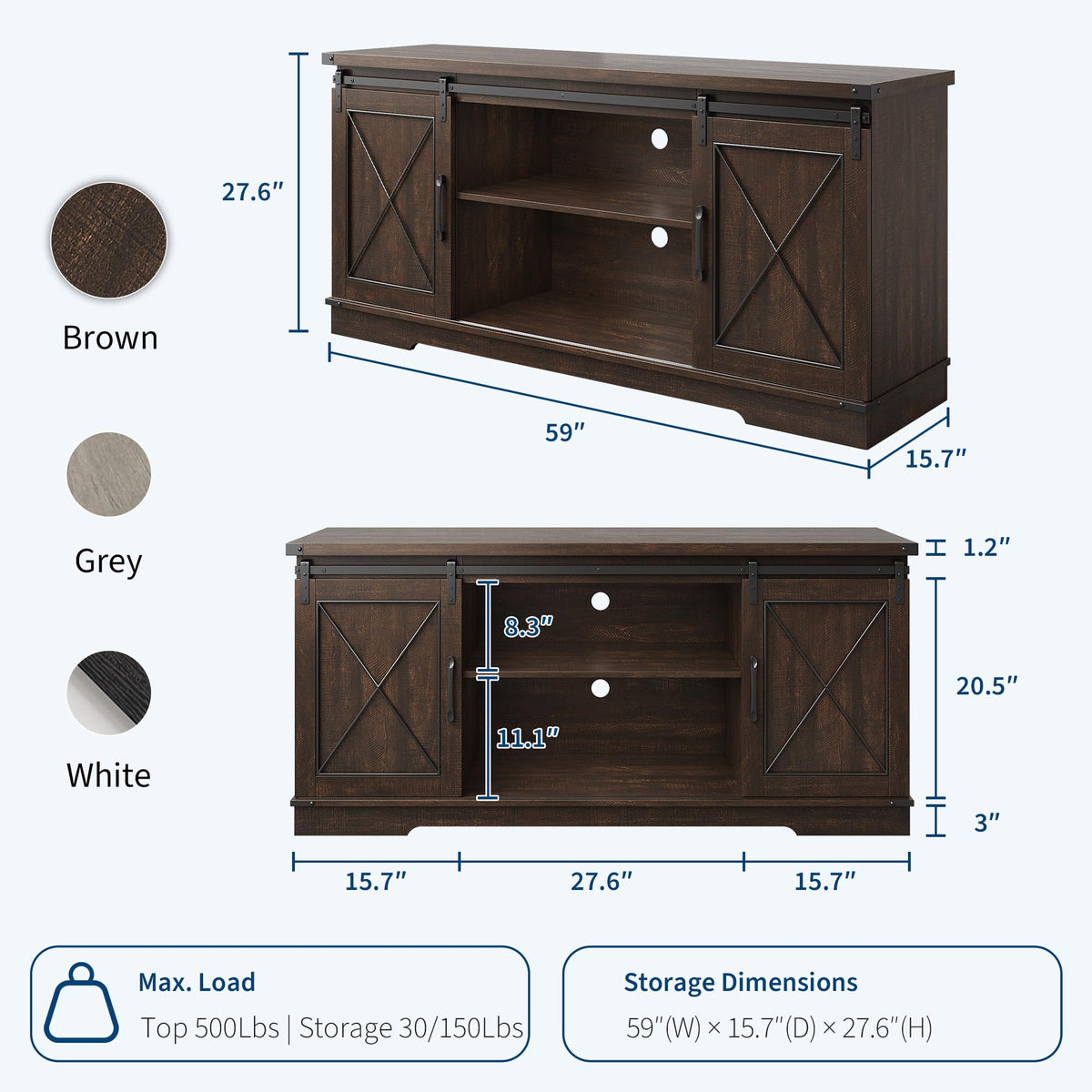 Brown Farmhouse TV Stand with Sliding Barn Doors and Storage Cabinets E29026