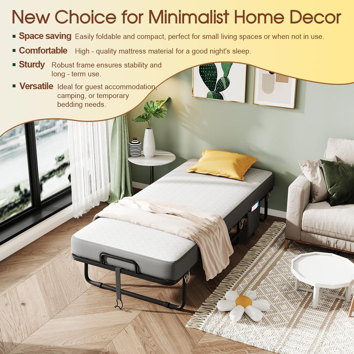 Folding Bed with Mattress, Memory Mattress Metal Frame Single Bed F894652