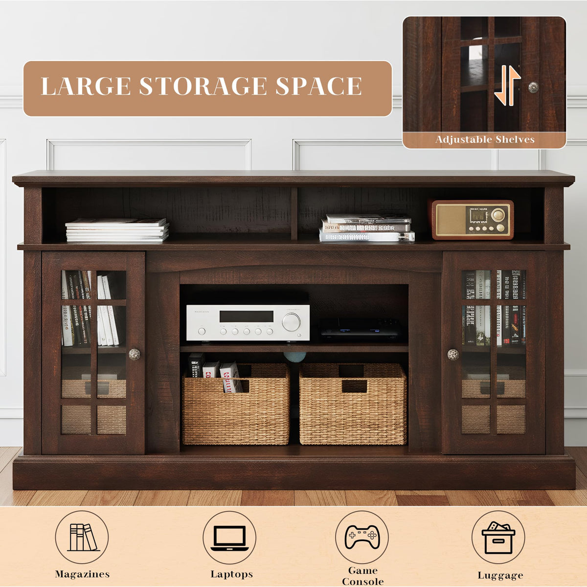 Espresso TV Stand with Glass Door and Open Shelves M3892