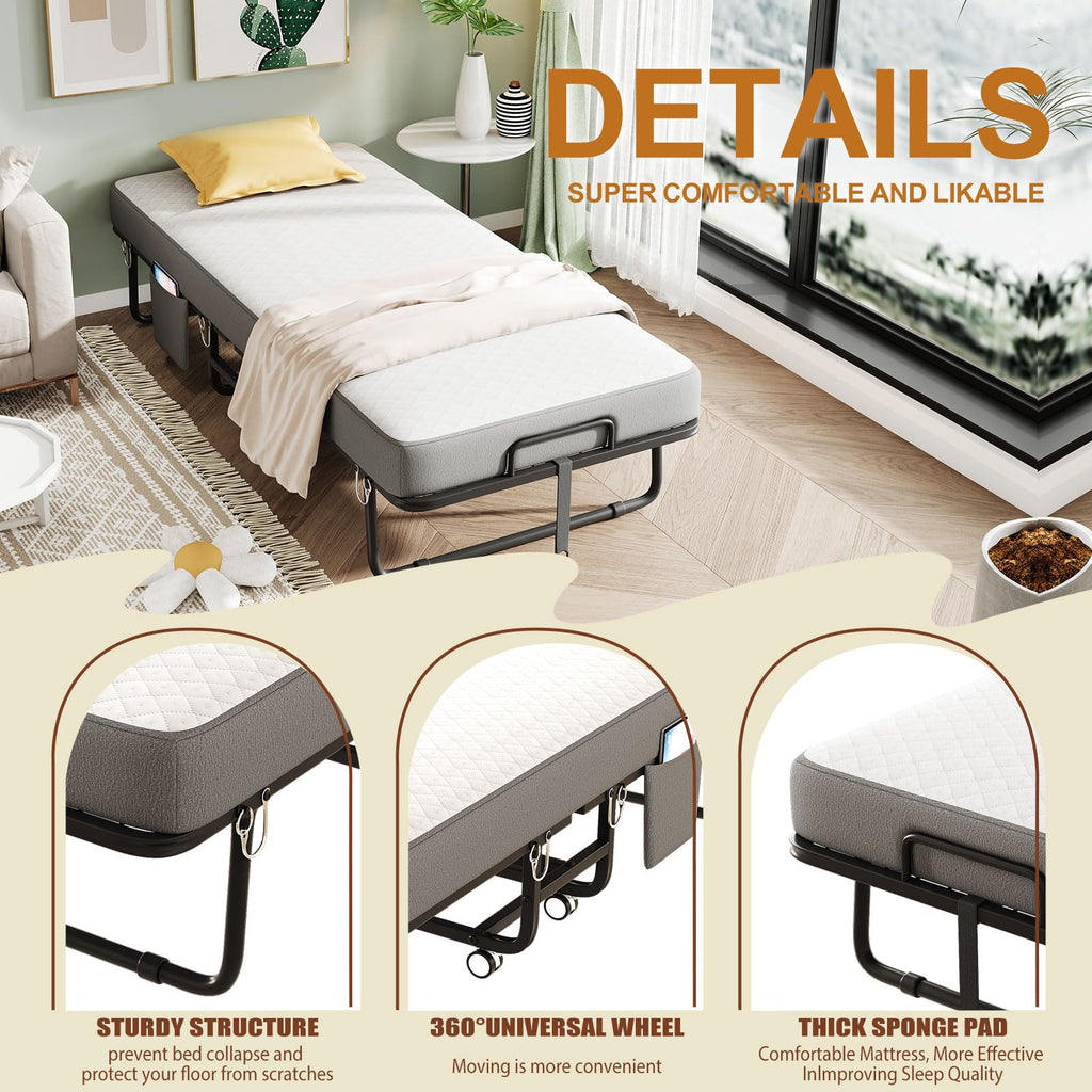 Folding Bed with Mattress, Memory Mattress Metal Frame Single Bed F894652