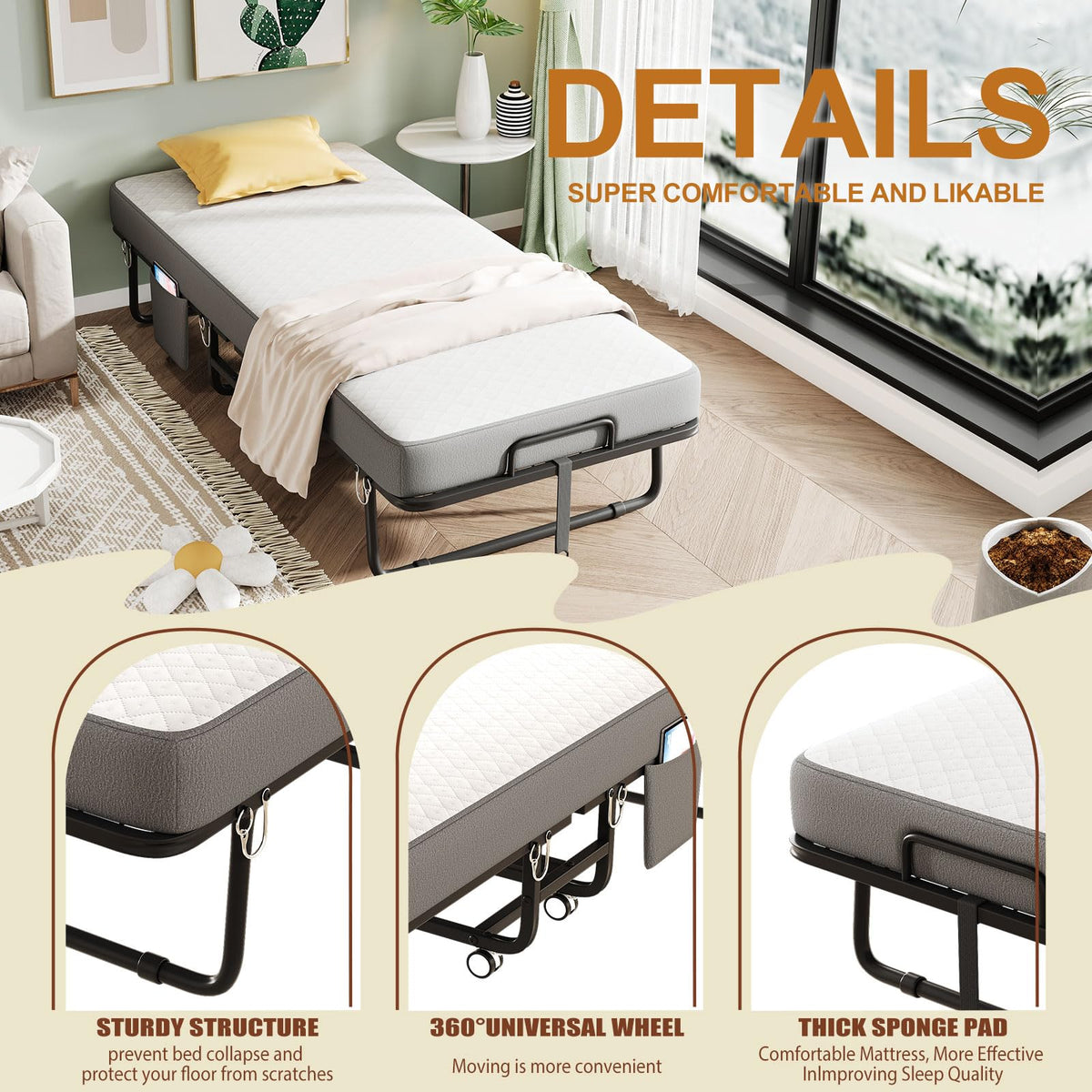 Folding Bed with Mattress, Memory Mattress Metal Frame Single Bed F894652