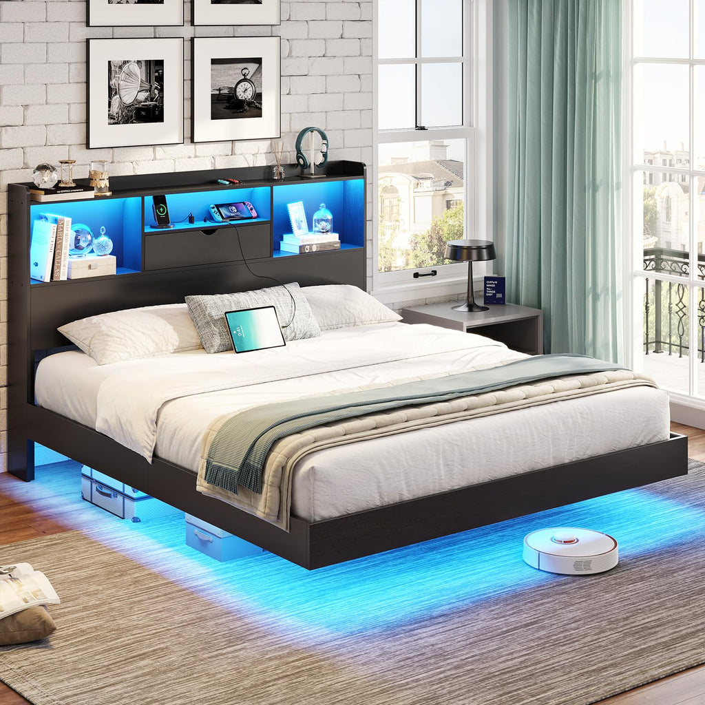 Queen Size Metal Platform Bed Frame with LED Lights and Storage Headboard H707