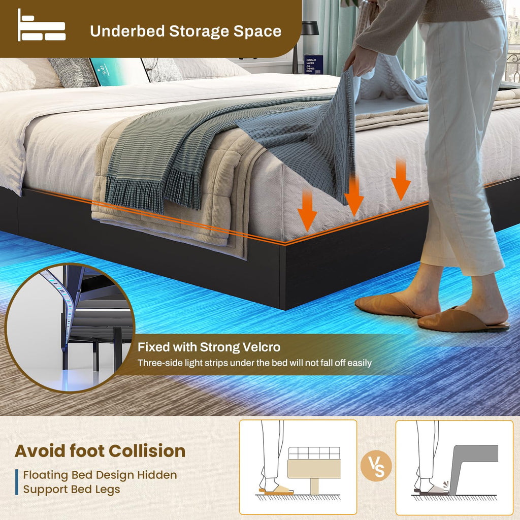 Queen Size Metal Platform Bed Frame with LED Lights and Storage Headboard H707