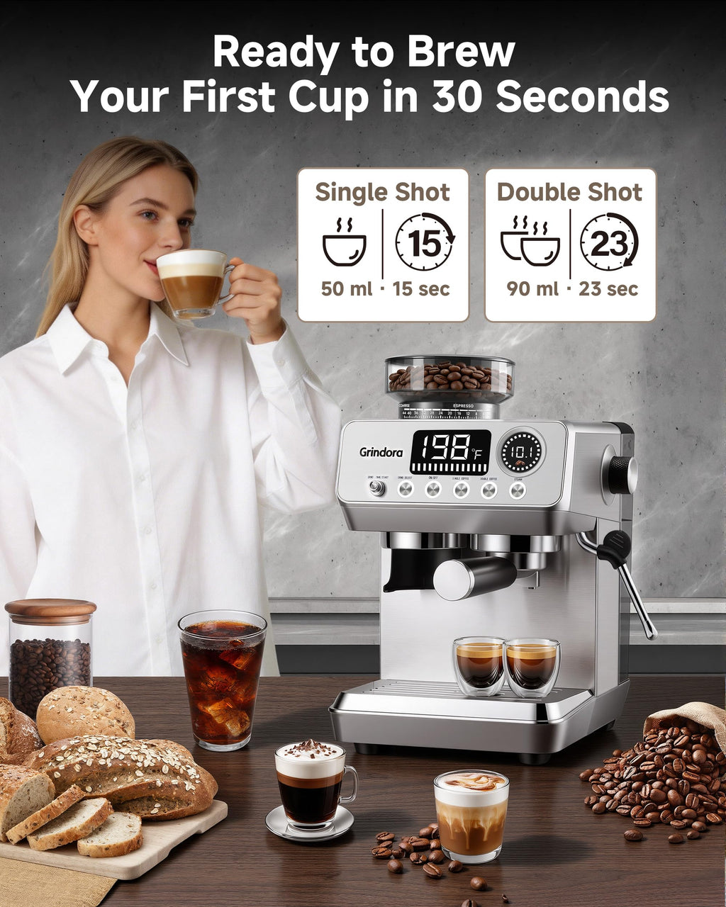 Espresso Machine with Grinder, 20 Bar, Milk Frother Y1442