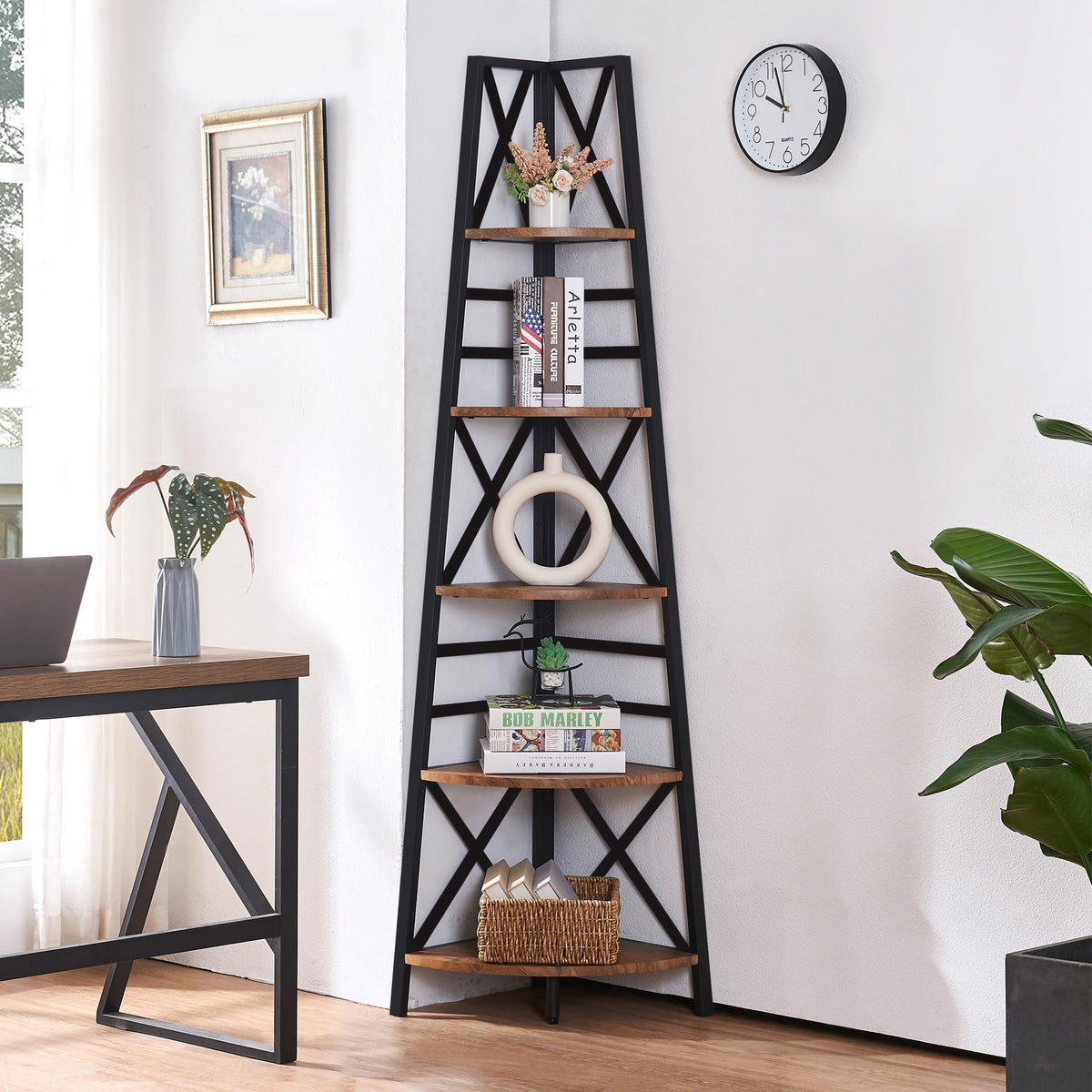5 Tier 72 Inch Tall Corner Bookshelf N3897