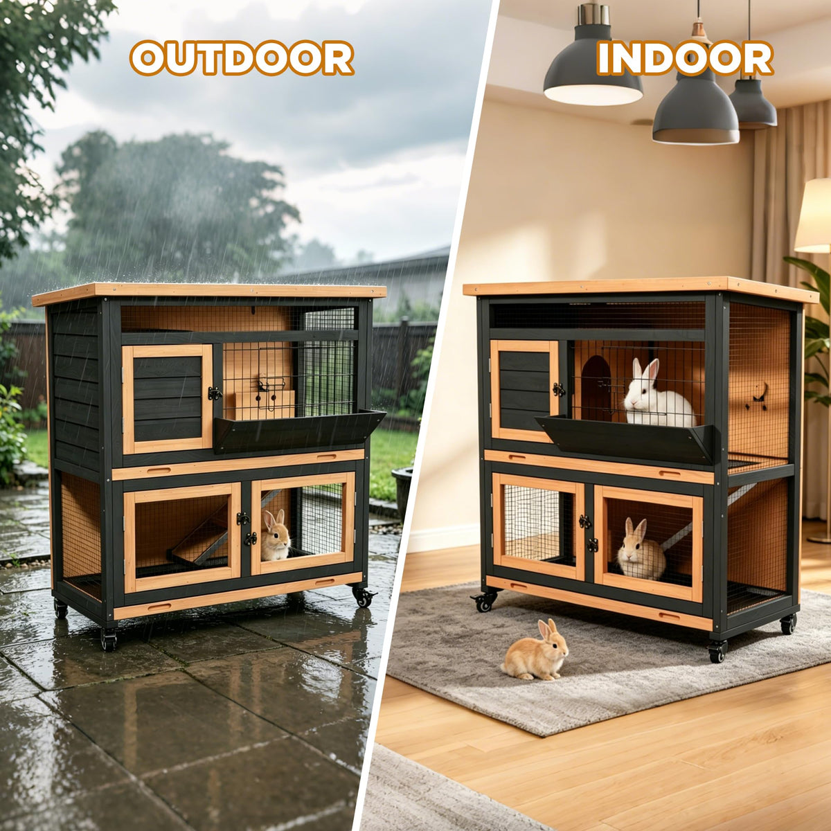2-Story Wooden Rabbit Hutch Guinea Pig Cage with Wheels M82977