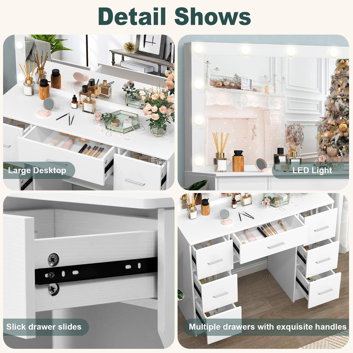 White 7 Drawer Vanity with Lights and Mirror R5529